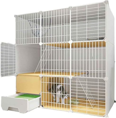 Haustier-Laufstall für Katzen, Katzenvilla für den Innenbereich mit geschlossener Katzentoilette, Katzenkäfig, ultrabreite Plattform, einfach zu montieren/Weiß/C von CHEMYO