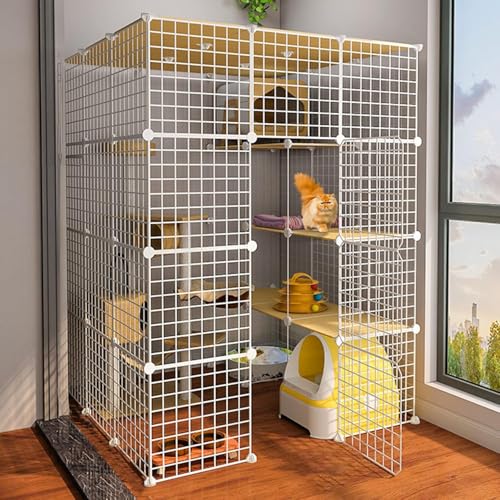 Katzenkäfig – Haustier-Laufstall, Katzenlaufstall, tragbarer Gartenzaun aus Metalldraht, Kleintierkäfig für den Innen- und Außenbereich mit Katzenkäfig-Zubehör, Weiß von CHEMYO