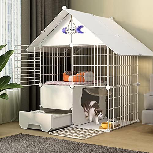 Katzenkisten for Indoor-Katzen, DIY-Katzenkäfig mit Tür und geschlossener Katzentoilette, Haustier-Laufstall, Katzengehege, Faltbarer Zaun, Hofbarriere für kleine Haustiere (Color : Set C, S von CHEMYO