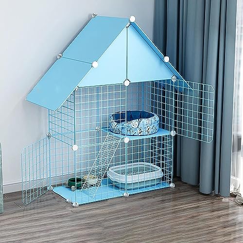 Kleintier-Laufgitter, Katzenkäfig auf 2 Etagen – Katzenkäfig – Haustierprodukte, Katzenhaus mit 3 Ebenen, ideal für 1–4 Katzen, Blau (Farbe: C1-75 x 39 x 110 cm) von CHEMYO