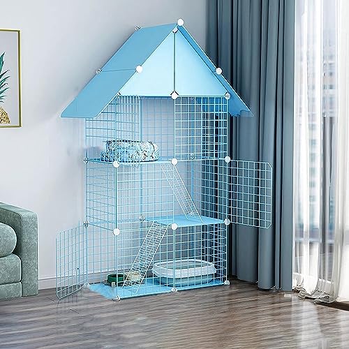 Kleintier-Laufgitter, Katzenkäfig auf 2 Etagen – Katzenkäfig – Haustierprodukte, Katzenhaus mit 3 Ebenen, ideal für 1–4 Katzen, Blau (Farbe: C2-75 x 39 x 146 cm) von CHEMYO