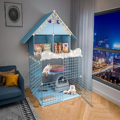 Kleintier-Laufgitter, Katzenkäfig auf 2 Etagen – Katzenkäfig – Haustierprodukte, Katzenhaus mit 3 Ebenen, ideal für 1–4 Katzen, Blau (Farbe: C3-75 x 75 x 146 cm) von CHEMYO