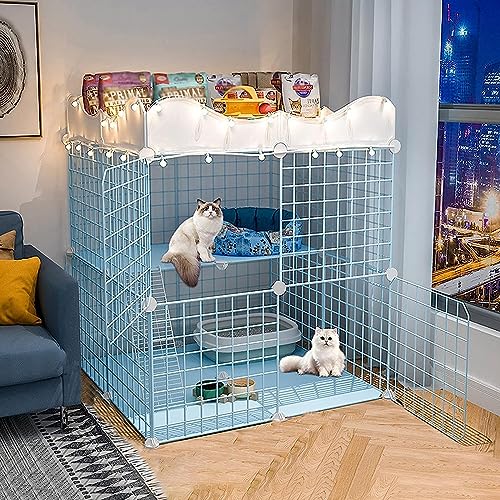 Kleintier-Laufgitter, Katzenkäfig auf 2 Etagen – Katzenkäfig – Haustierprodukte, Katzenhaus mit 3 Ebenen, ideal für 1–4 Katzen, Blau (Farbe: C4-75 x 75 x 84 cm) von CHEMYO