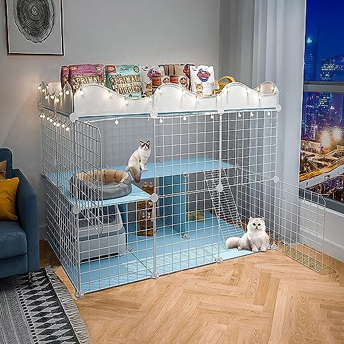 Kleintier-Laufgitter, Katzenkäfig auf 2 Etagen – Katzenkäfig – Haustierprodukte, Katzenhaus mit 3 Ebenen, ideal für 1–4 Katzen, Blau (Farbe: C5-111 x 75 x 83 cm) von CHEMYO