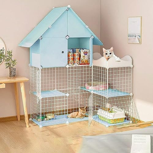 Kleintier-Laufgitter, Katzenkäfig auf 2 Etagen – Katzenkäfig – Haustierprodukte, Katzenhaus mit 3 Ebenen, ideal für 1–4 Katzen, Blau (Farbe: C7-111 x 75 x 145 cm) von CHEMYO