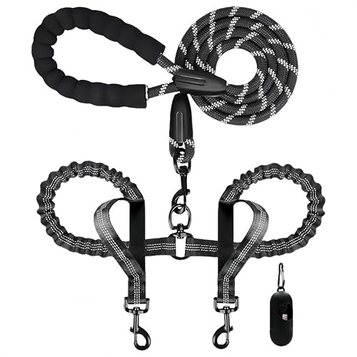 DuDouble Hundeleine, robuste Doppel-Leine mit 360° Drehgelenk, Schwarz Karomuster, elastisch stoßdämpfend, verwicklungsfreies Design für zwei Hunde von CHENEDY