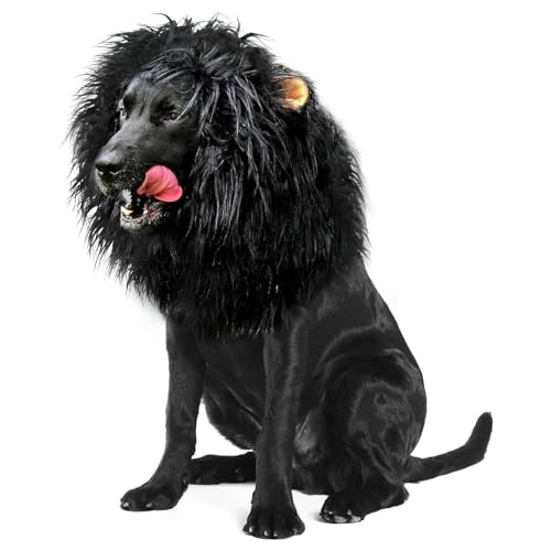 Lion Mane for Dog, Löwe Mähne für Hund, Verstellbar Hundekostüm Löwenmähne mit Ohren, Lustige Hunde Perücke für Hundekostüm, Löwe Mähne Haustierkostüme für Hund und Katze (Schwarz, 16cm) von CHENRI