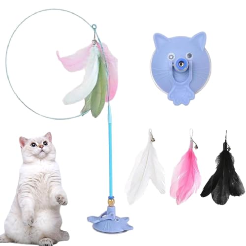 Meowmastery Toy, Meow Mastery Teaser Wand, Katzen Spielzeug, Katzenangel mit Saugnäpfen und 3 Federn, Intelligenz Katzen Spielzeug, Selbstspielendes Interaktives Katzenspielzeug für Katze (Blau) von CHENRI