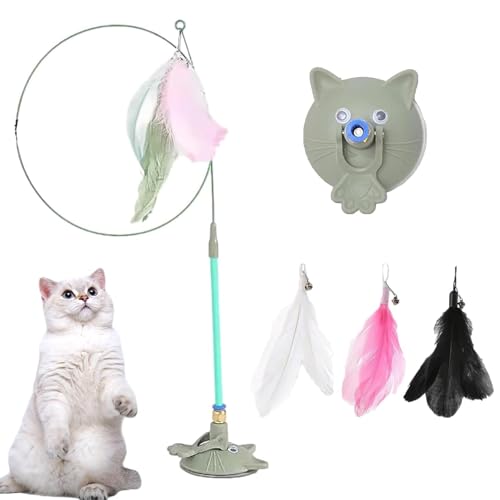 Meowmastery Toy, Meow Mastery Teaser Wand, Katzen Spielzeug, Katzenangel mit Saugnäpfen und 3 Federn, Intelligenz Katzen Spielzeug, Selbstspielendes Interaktives Katzenspielzeug für Katze (Grün) von CHENRI