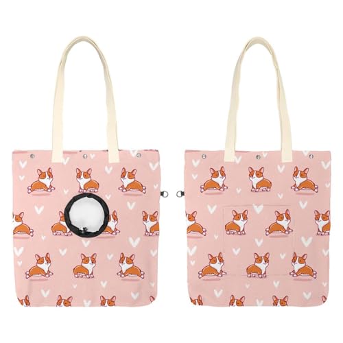 Corgi Haustier-Schultertasche, aus Leinen, mit niedlicher Katze, tragbar, für kleine Tiere, Reisen, Rosa von CHENZZZZ