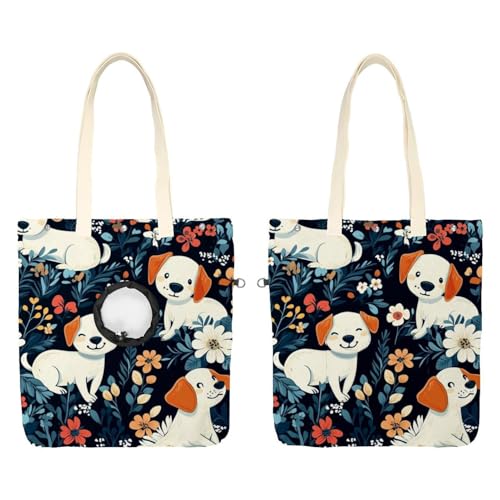 Niedliche Cartoon-Sommer-Hunde und Blumen (2) Haustier-Schulter-Tragetasche, Canvas-Umhängetasche, Hundetragetasche, tragbare Katze, kleine Tragetasche, Brusttasche von CHENZZZZ