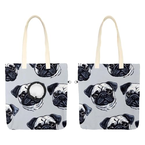 Niedliche Mops-Hundeköpfe (1) Haustier-Umhängetasche aus Segeltuch, niedliche Katzentragetasche, Handtasche, tragbare Tragetasche für kleine Tiere, Outdoor-Reisen von CHENZZZZ