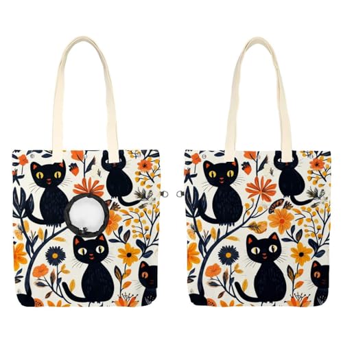 Niedliche schwarze Katzen und Blumen (57) Haustier-Umhängetasche, Leinen-Umhängetasche, Hundetragetasche, tragbare Katze, kleine Tragetasche von CHENZZZZ