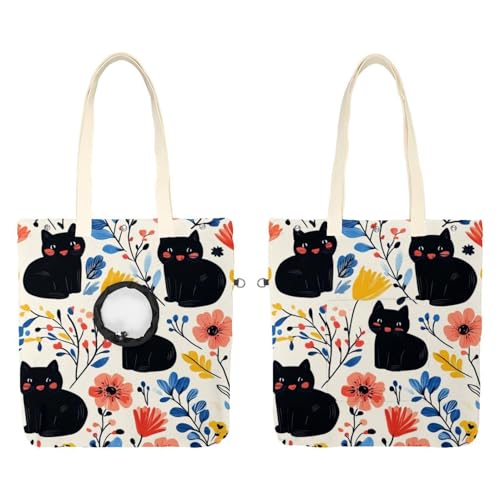Niedliche schwarze Katzen und Blumen (61) Haustier-Umhängetasche, Leinen-Umhängetasche, Hundetragetasche, tragbare Katze, kleine Tragetasche von CHENZZZZ
