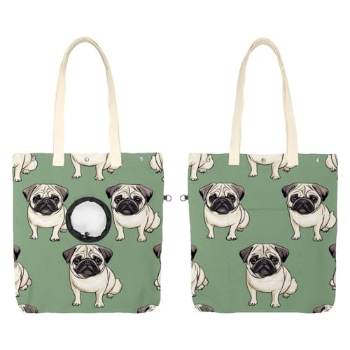 Niedlicher Mops-Hund (7) Haustier-Umhängetasche aus Segeltuch, niedliche Katzentragetasche, Handtasche, tragbare Tragetasche für Kleintierbedarf, Outdoor-Reisen von CHENZZZZ