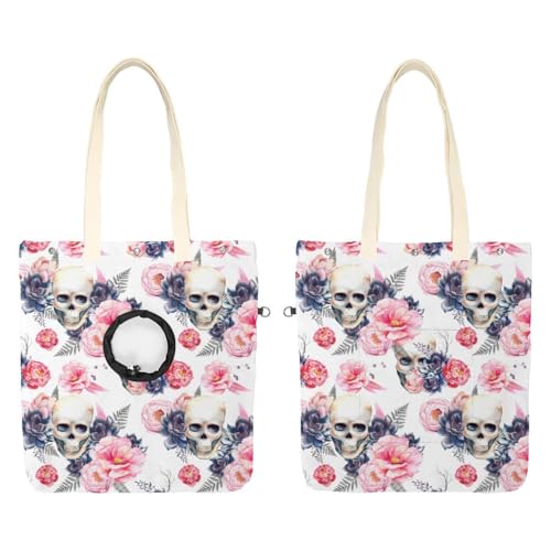 Schultertasche aus Segeltuch, Motiv: Totenkopf und Pfingstrosen, Motiv: Aquarell-Totenkopf und Pfingstrosen, niedliche Katzentragetasche, tragbare Tragetasche für kleine Tiere, Outdoor-Reisen Schultertasche aus Segeltuch, Motiv: Totenkopf und Pfingstrosen, Motiv: Aquarell-Totenkopf und Pfingstrosen, niedliche Katzentragetasche, tragbare Tragetasche für kleine Tiere, Outdoor-Reisen von CHENZZZZ