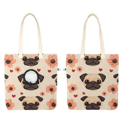 Show Head Pet Canvas Umhängetasche, Cartoon Mops Hund Gesicht Blume (1) Pet Out Tasche, Outcrop, Pet Out Umhängetasche von CHENZZZZ