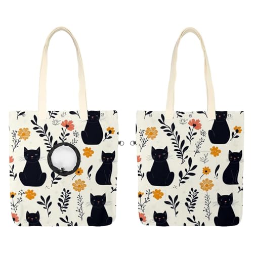 Show Head Pet Canvas Umhängetasche, niedliche schwarze Katzen und Blumen (48) Pet Out Bag Outcrop Pet Out Umhängetasche von CHENZZZZ