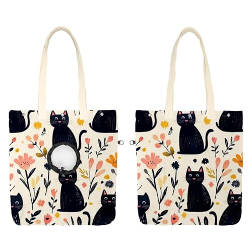 Show Head Pet Canvas Umhängetasche, niedliche schwarze Katzen und Blumen (67) Pet Out Bag Outcrop Pet Out Umhängetasche von CHENZZZZ