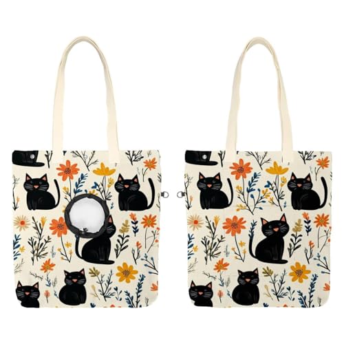 Süße schwarze Katzen und Blumen (3) Haustier-Schultertasche aus Segeltuch, niedliche Katzentragetasche, tragbare Tragetasche für kleine Tiere, Outdoor-Reisen von CHENZZZZ