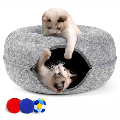 Cherie Bear Katzentunnelbett - Interaktives Spielzeug für Indoor-Katzen, Filz-Tunnelhöhle mit 3 Bällen, gemütliches Versteckzelt für große Katzen und Kätzchen von CHERIE BEAR