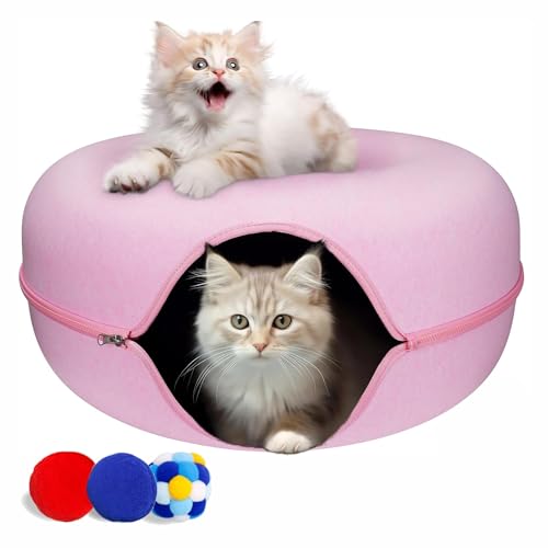 Cherie Bear Donut-Design Katzentunnelbett für Indoor-Katzen mit 3 Bällen, Filzhöhle mit Reißverschluss, interaktives Spielzeug für Spaß und Komfort, gemütliches Versteckzelt für große Katzen und von CHERIE BEAR