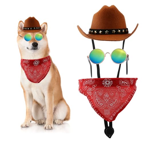 CHGCRAFT 3-teiliges Cowboy-Kostüm-Set mit Mütze, Bandana, Schal, Taschentuch und Sonnenbrille für Kätzchen, Welpen, Katzen, Hunde, Party, Festival, Weihnachten, Halloween, Dekoration, Zubehör von CHGCRAFT