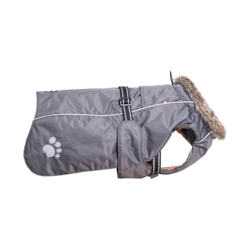 Chiara Hundemantel mit Hundegeschirr (Hundebekleidung mit Fleece und Kunstfellkragen, warmer Hunde Mantel, Reflektionsstreifen an Rücken und Gurt, anpassbar, Gr. L), Farbe: Grau von CHIARA