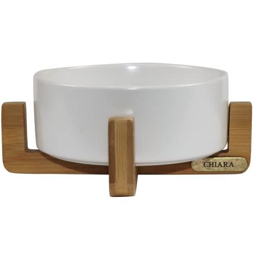 CHIARA ARIA Futternapf Single CHN-210S-WH, Essnapf, Trinknapf, langlebig (Größe: L, rutschfest, spülmaschinenfest, Material: Keramik, Bambusständer), Weiss von CHIARA