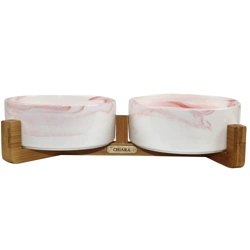 CHIARA MARMA Futternapf Double CHNM-130DB-WH/PI, Essnapf, Trinknapf, langlebig (Größe: M, rutschfest, spülmaschinenfest, Material: Keramik, Bambusständer), Weiss/Pink von CHIARA