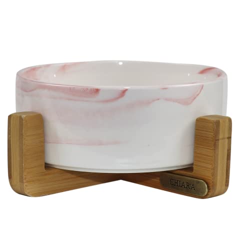 CHIARA MARMA Futternapf Single CHNM-130S-WH/PI, Essnapf, Trinknapf, langlebig (Größe: S, rutschfest, spülmaschinenfest, Material: Keramik, Bambusständer), Weiss/Pink von CHIARA