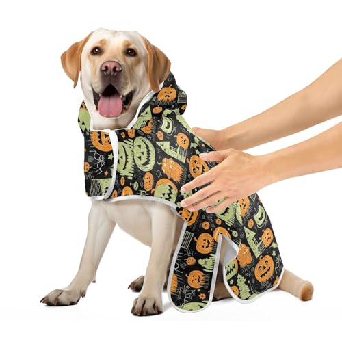 Grün-orange Halloween-Kürbisse, super saugfähiger Hundemantel, Hundebadetücher, verstellbares Halsband und Bauchgurt, schnell trocknend, Größe M von CHIFIGNO