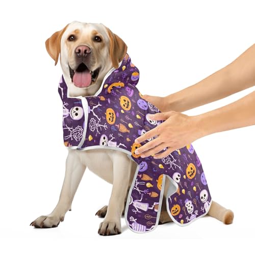Halloween Kürbisse Skelette Lila Hundebademantel Super Saugfähig Schnell Trocknend Hund Handtuch Robe Verstellbarer Kragen & Bauchgurt Katze Badezubehör S von CHIFIGNO