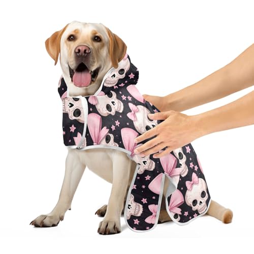 Halloween Totenköpfe Rosa Schleifen Saugfähig Hund Bademantel Hundebekleidung Verstellbarer Kragen & Taille Schnell Trocknendes Hund Saugfähiges Handtuch, S von CHIFIGNO