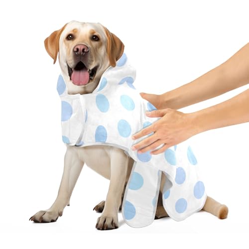 Haustier-Bademantel, blau, gepunktet, weiß, Hundebadetuch, leicht, schnell trocknend, Hundebadezubehör mit magischem Aufkleberhalsband, Größe M von CHIFIGNO