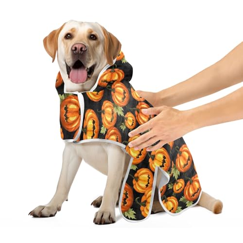 Haustier Bademantel Halloween Kürbisse und Blätter Hundebademantel Handtuch Leicht Schnell Trocknend Hundehandtücher zum Trocknen von Hunden mit Magic Sticker Halsband, S von CHIFIGNO