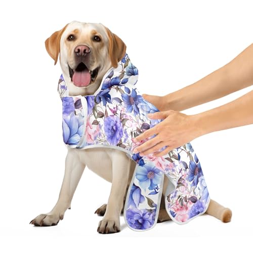 Haustier Bademantel Rosa Blau Violett Blumen Hundehandtuch Super Saugfähig Schnell Trocknend Haustier Hund Handtücher Verstellbarer Kragen & Bauchgurt, S von CHIFIGNO