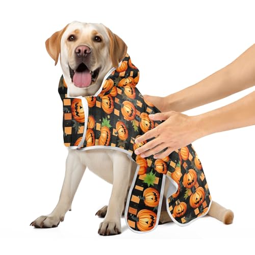 Hunde-Trockenmantel Halloween Kürbisse Schwarz Orange Plaids Badetuch Robe Super saugfähig schnell trocknend Hundebadezubehör mit magischem Aufkleber Halsband, M von CHIFIGNO