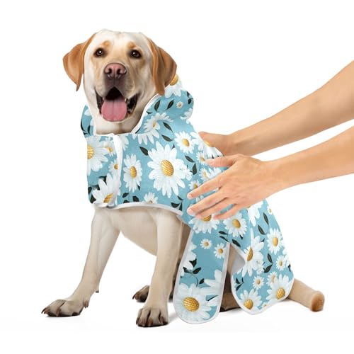Hundebademäntel für nach dem Bad, weiße Gänseblümchen auf blauen Hundebadetüchern, super saugfähig, schnell trocknend, schnell trocknend, schnell trocknend, Hundetasche, verstellbarer Kragen und von CHIFIGNO