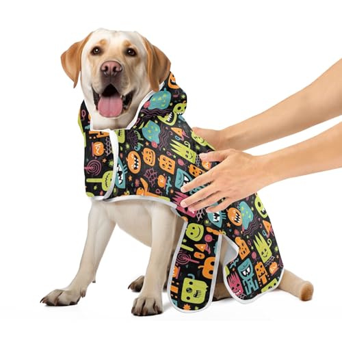 Hundebademantel Lustig Halloween Kürbisse Hundebadetuch Saugfähig Schnell Trocknend Hundehandtuch Wrap mit Magic Sticker Halsband, S von CHIFIGNO
