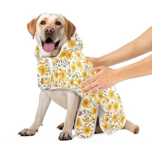 Hundebademantel Vintage Gelb Sonnenblumen Hundebekleidung Super Saugfähig Schnell Trocknend Katze Handtuch Wrap Verstellbarer Kragen & Taille S von CHIFIGNO