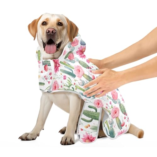 Hundebademantel mit rosa Blumen, grüner Kaktus, leicht, schnell trocknend, Hundebademantel, Handtuch, verstellbarer Kragen und Bauchgurt, Katzenmantel, Handtuch, Größe S von CHIFIGNO