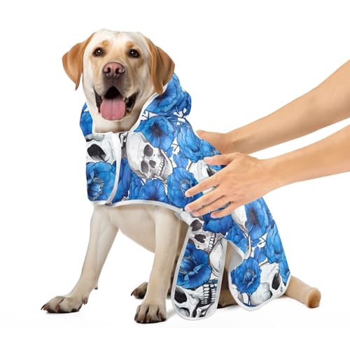 Hundebademantel mit weißen Totenköpfen mit blauen Mohnblumen, verstellbarer Kragen und Bauchgurt, Hundebadetuch, leicht, schnell trocknend, Katzenmantel, Handtuch, Größe M von CHIFIGNO