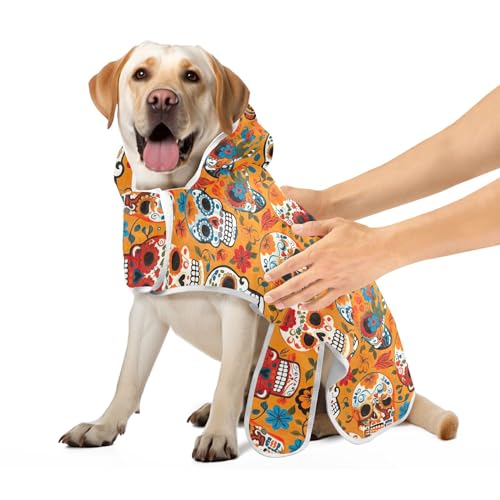 Hundemantel, Orange und Weiß, bunte Totenköpfe, saugfähig, schnell trocknend, mit magischem Aufkleber-Halsband, Größe M Hundemantel, Orange und Weiß, bunte Totenköpfe, saugfähig, schnell trocknend, mit magischem Aufkleber-Halsband, Größe M von CHIFIGNO