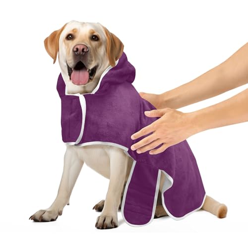 Luxuriöser violetter Hundebademantel mit magischem Aufkleber-Halsband, Hundebadetuch, leicht, schnell trocknend, Größe M von CHIFIGNO