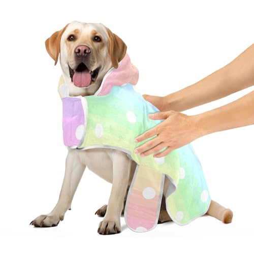 Pastell Regenbogen Polka Dot Robe für Haustiere Saugfähig Hund Bademantel Handtuch Verstellbarer Kragen & Bauchgurt Schnell Trocknendes Hund Saugfähiges Handtuch, M von CHIFIGNO