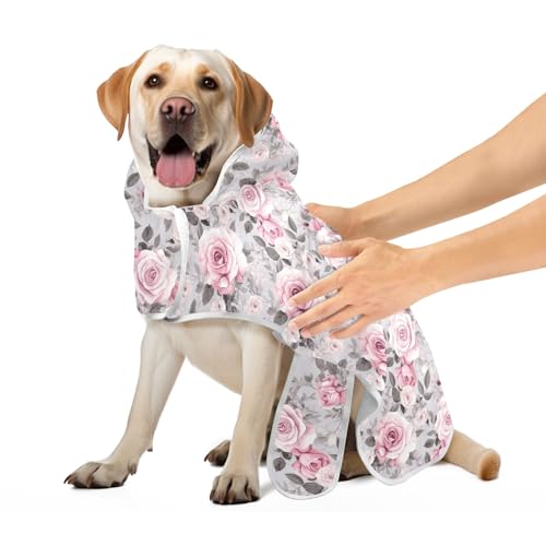Pink Roses Grey Leaves Vintage Super Absorbent Dog Bath Robe Dog Bathrobe Towel Cute Fast Drying Dog Bathing Supplies, M von CHIFIGNO