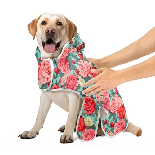 Rosa Rot Türkis Rosen Robe für Haustiere Super Saugfähig Schnell Trocknen Hund Bademantel Handtuch Weiche Hund Baden Zubehör, M von CHIFIGNO