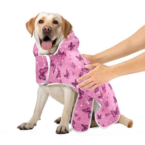 Rosa Schmetterlinge Hund Trocknungsmantel Saugfähig Schnell Trocknende Hundebadetücher Verstellbarer Kragen & Taille Hundehandtücher zum Trocknen von Hunden, M von CHIFIGNO