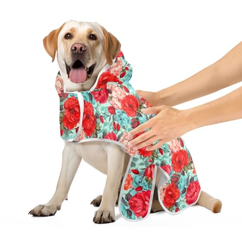 Rosa Türkis Rote Rosen Hundemäntel für Nach dem Bad mit Magie Aufkleber Halsband Hundekleidung Saugfähige Schnell Trocknende Hundehandtücher zum Trocknen von Hunden, M von CHIFIGNO